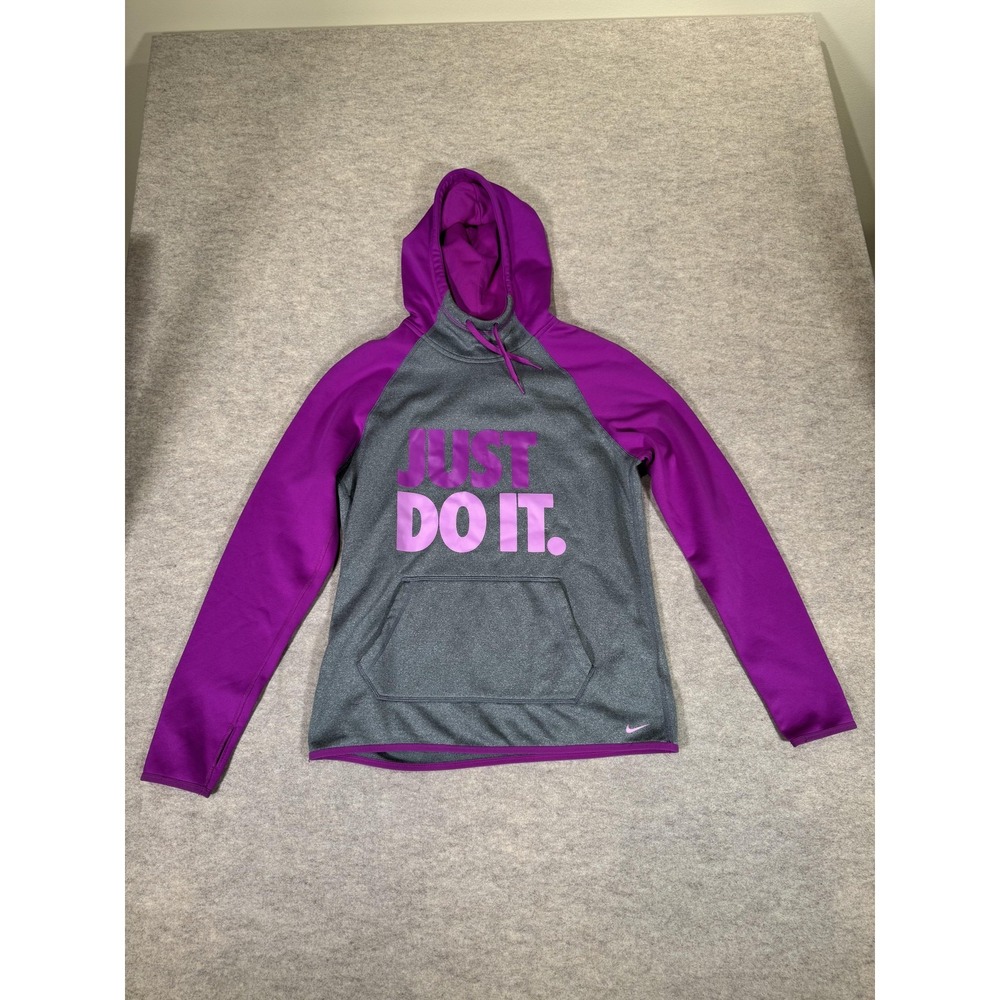Nike Hoodie Womens Medium Gray‎ Purple Fleece Therma-Fit Just Do It Pullover